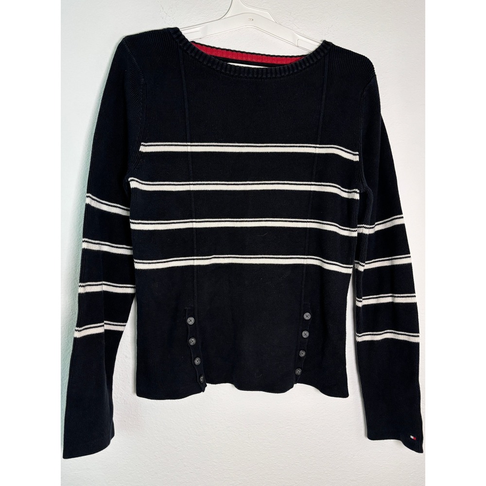 Tommy Hilfiger Navy Blue White Striped Nautical Button Accent Sweater XL Womens
